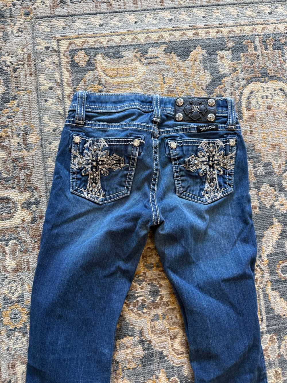 Miss Me Dark Blue Bootcut Jeans with Embellished Cross Pockets